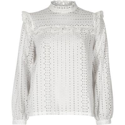 River Island Womens White Broderie Frill Bib Blouse