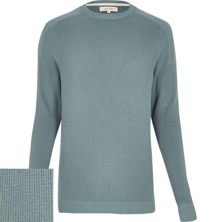 River Island Mensblue Ribbed Crew Neck Long Sleeve Jumper