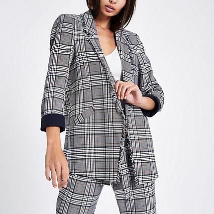 River Island Womens Check Print Fringe Trim Blazer