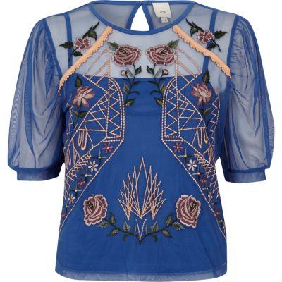 River Island Womens Mesh Floral Embroidered Short Sleeve Top