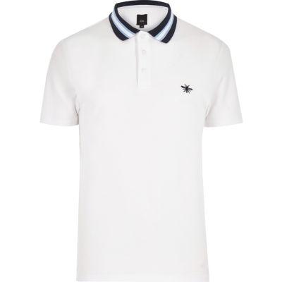 River Island Mens White Stripe Collar Muscle Fit Polo Shirt