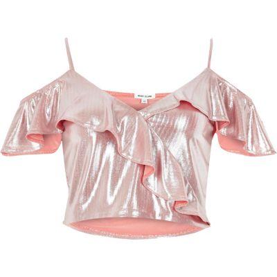 River Island Womens Metallic Frill Cold Shoulder Crop Top