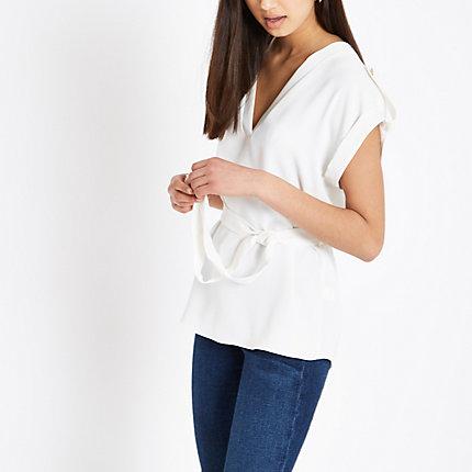 River Island Womens White Tie Waist V Neck Blouse