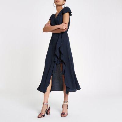 River Island Womens Frill Wrap Front Midi Dress