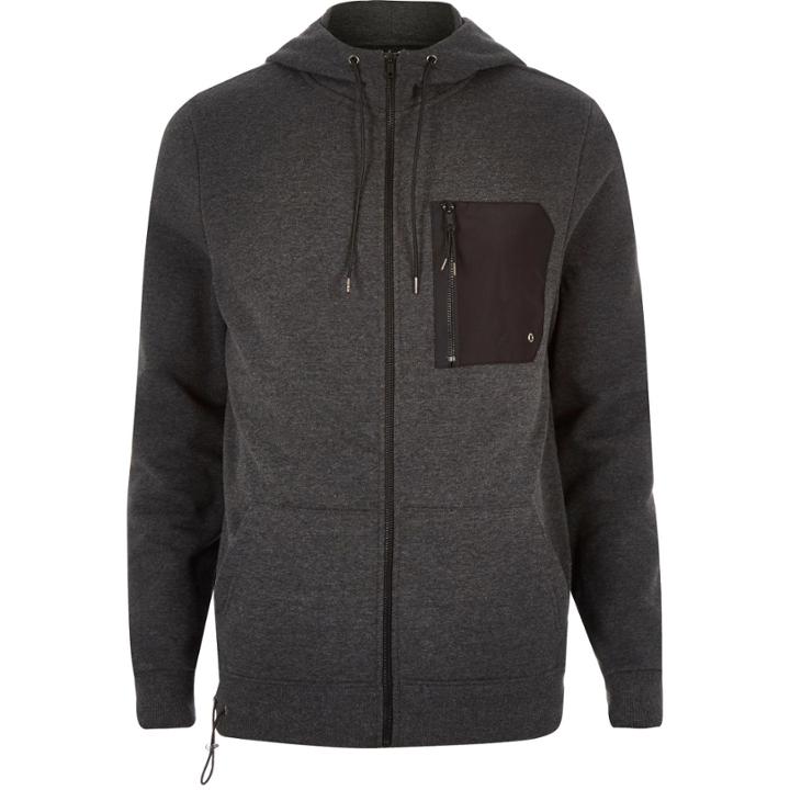 River Island Mensdark Zip Pocket Hoodie
