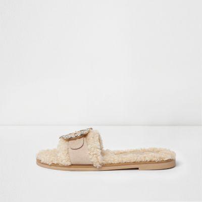 River Island Womens Faux Shearling Rhinestone Brooch Sliders