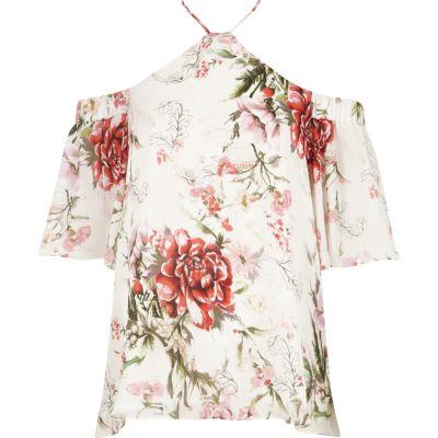 River Island Womens Floral Cross Neck Cold Shoulder Top
