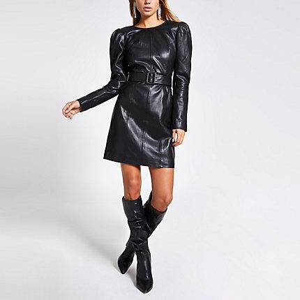 River Island Womens Leather Long Puff Sleeve Mini Dress