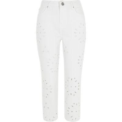River Island Womens Petite White Bella Cutwork Straight Leg Jeans