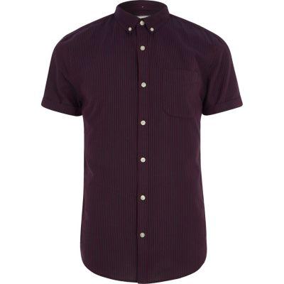 River Island Mens Burgandy Stripe Short Sleeve Slim Fit Shirt