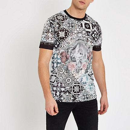 River Island Mens White Baroque Print Slim Fit T-shirt