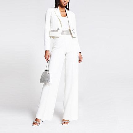 River Island Womens White Diamante High Waist Wide Leg Trousers