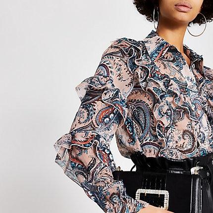 River Island Womens Printed Ruffle Long Sleeve Sheer Shirt