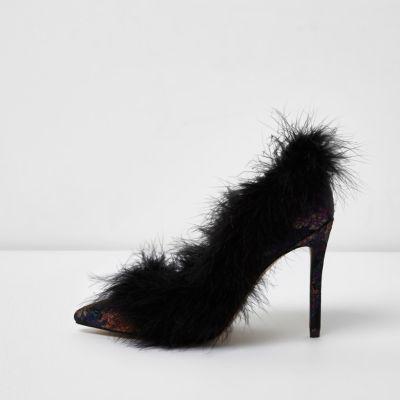 River Island Womens Floral Jacquard Fur Trim Court Shoes