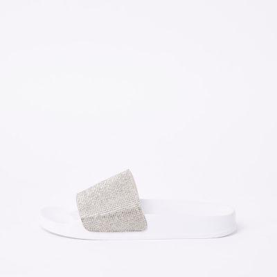 River Island Womens White Diamante Embellished Sliders
