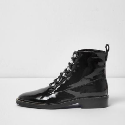 River Island Womens Patent Rhinestone Trim Lace-up Boots