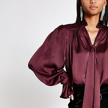 River Island Womens Tie Neck Long Sleeve Satin Top
