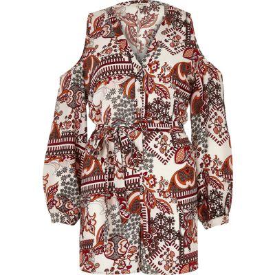 River Island Womens Geo Floral Print Cold Shoulder Playsuit