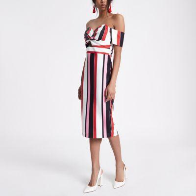 River Island Womens Stripe Knot Front Bardot Bodycon Dress
