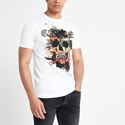 River Island Mens White Slim Fit Skull Embellished T-shirt