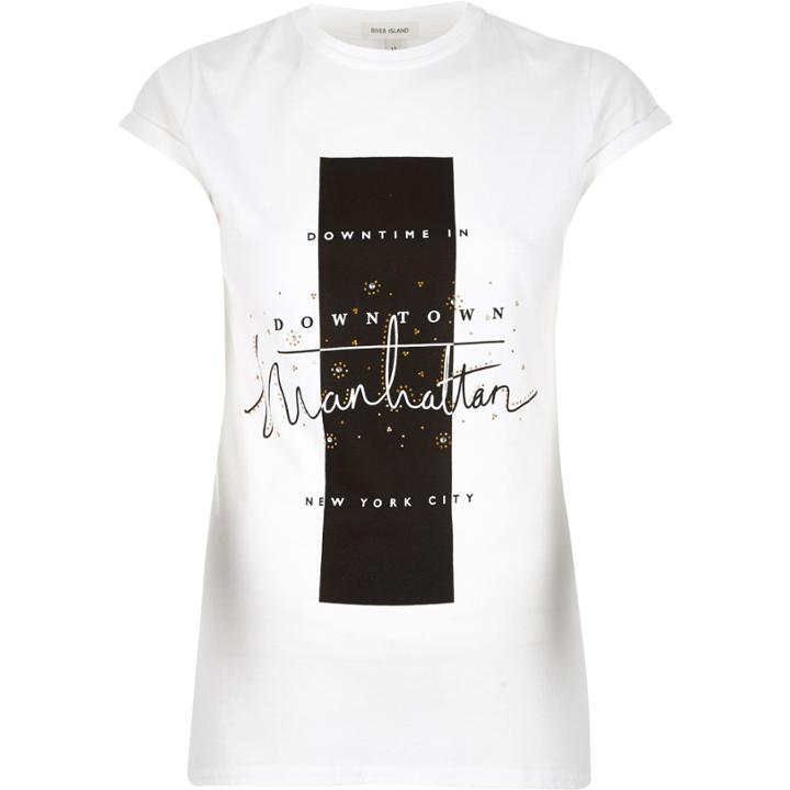 River Island Womens White Manhattan Embellished Fitted T-shirt