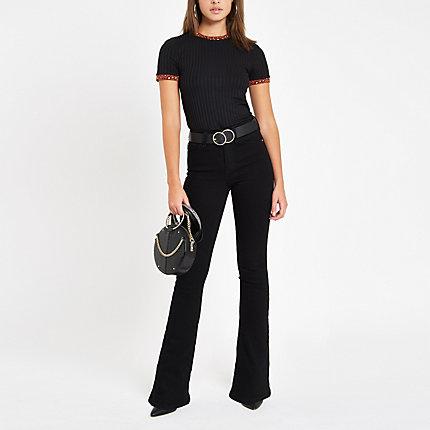 River Island Womens Ribbed Leopard Print Trim T-shirt