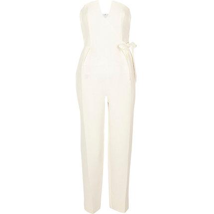 River Island Womens Petite White Tie Bow Bardot Tapered Jumpsuit