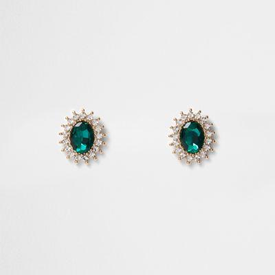 River Island Womens Gold Tone Emerald Rhinestone Stud Earrings