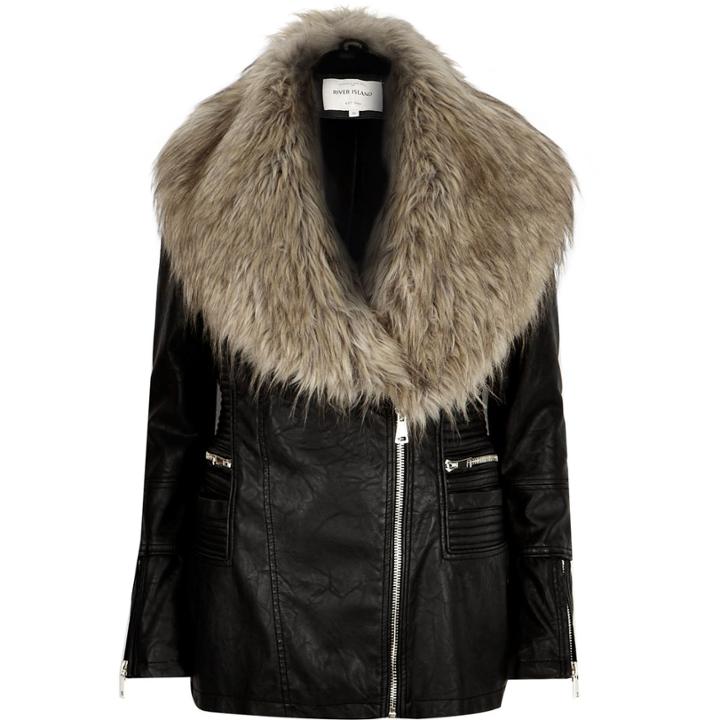 River Island Womens Faux Fur Trim Leather-look Biker Jacket