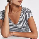 River Island Womens White Stripe Diamante Trim T-shirt