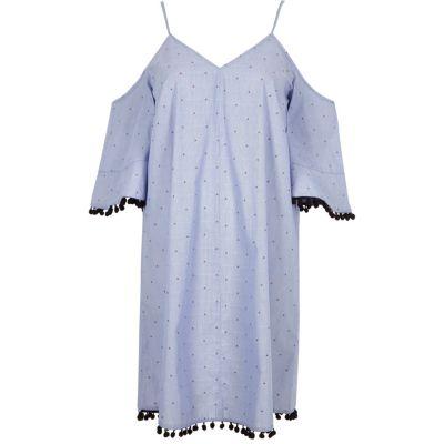 River Island Womens Pom Pom Trim Cold Shoulder Swing Dress