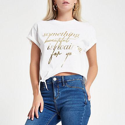 River Island Womens Petite White Print Tie Front Cropped T-shirt