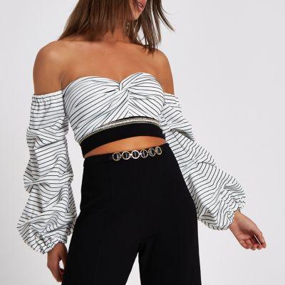 River Island Womens White Stripe Bardot Crop Top