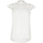 River Island Womens White Lace Trim Frill Shoulder Top