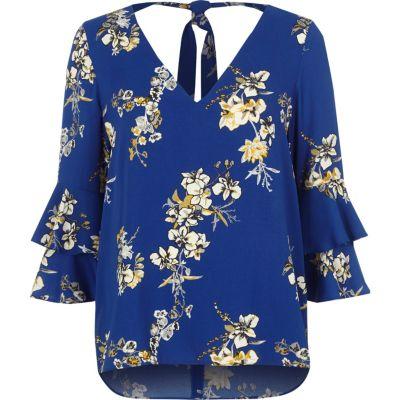River Island Womens Floral Double Bell Sleeve Tie Back Top