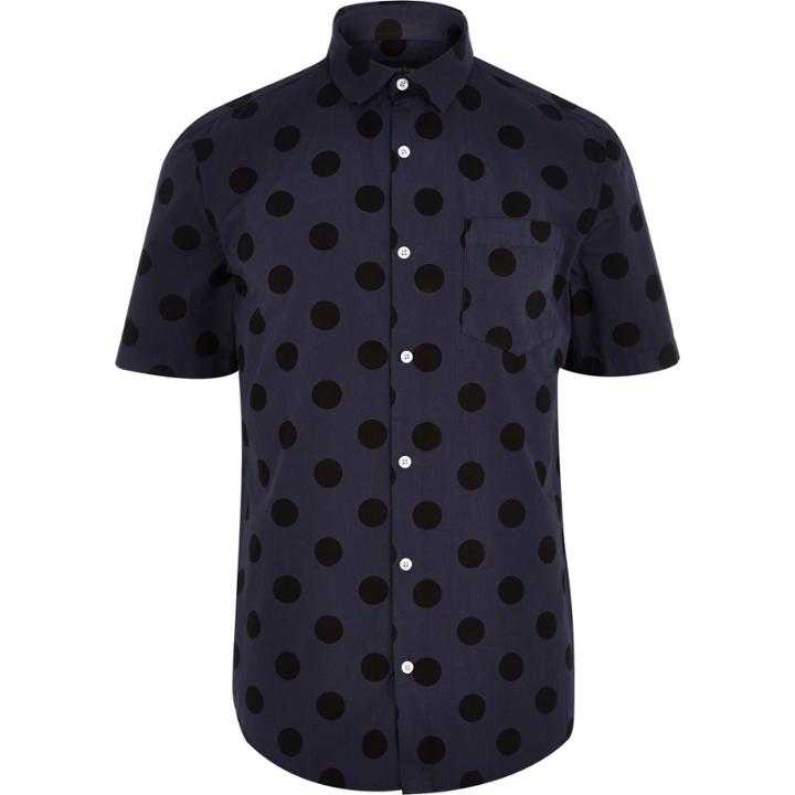 River Island Mensblue Spot Short Sleeve Shirt