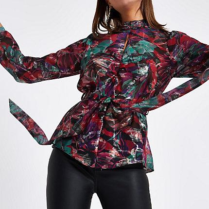River Island Womens Floral Tie Waist Sheer Blouse