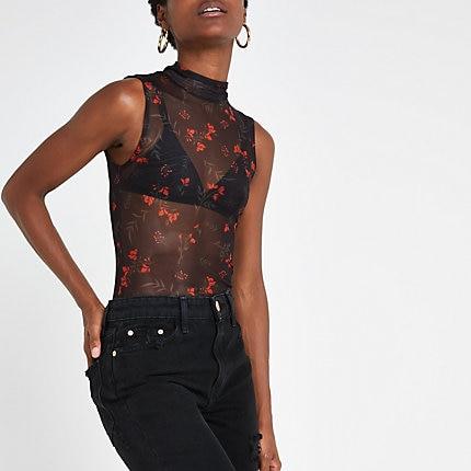 River Island Womens Mesh Floral Print Bodysuit