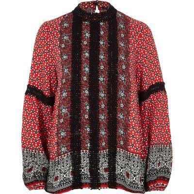 River Island Womens Tile Print Lace Trim High Neck Blouse