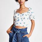 River Island Womens White Ditsy Floral Puff Sleeve Crop Top