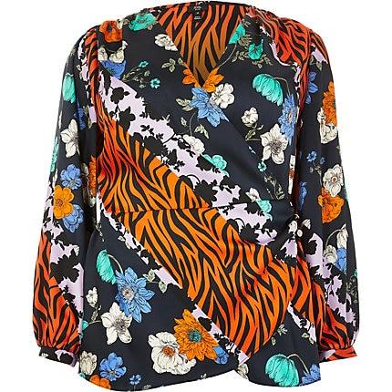 River Island Womens Plus Printed Long Sleeve Wrap Top