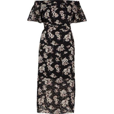 River Island Womens Floral Print Bardot Layer Midi Dress