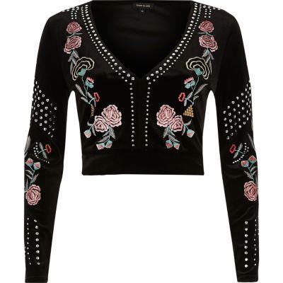River Island Womens Embellished Embroidered Velvet Top