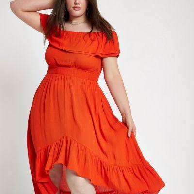 River Island Womens Plus Shirred Bardot Frill Hem Maxi Dress
