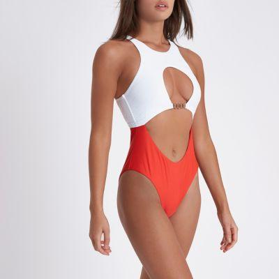 River Island Womens White Textured Peekaboo High Leg Swimsuit