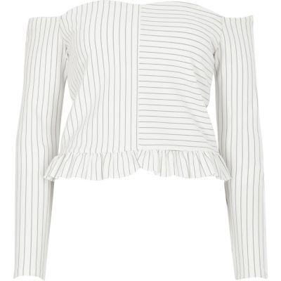 River Island Womens White Pinstripe Frill Hem Bardot Top