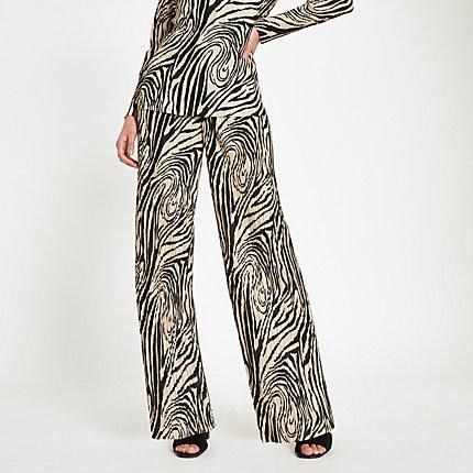 River Island Womens Plisse Zebra Print Wide Leg Pants
