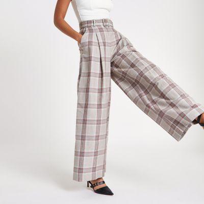 River Island Womens Check Wide Leg Belted Pants