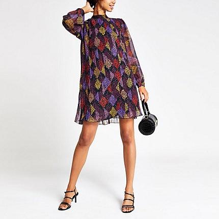 River Island Womens Leopard Print Pleated Swing Dress