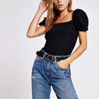 River Island Womens Ribbed Puff Sleeve T-shirt